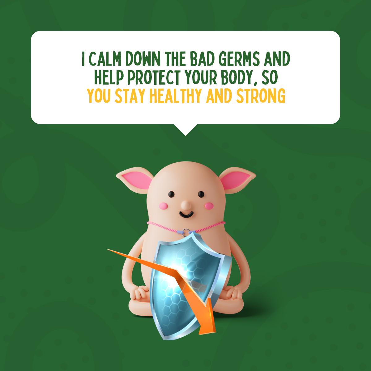 Yogu Master seated cross legs with a shield in front says: I calm down the bad germs and help protect your body, so you stay healthy and strong