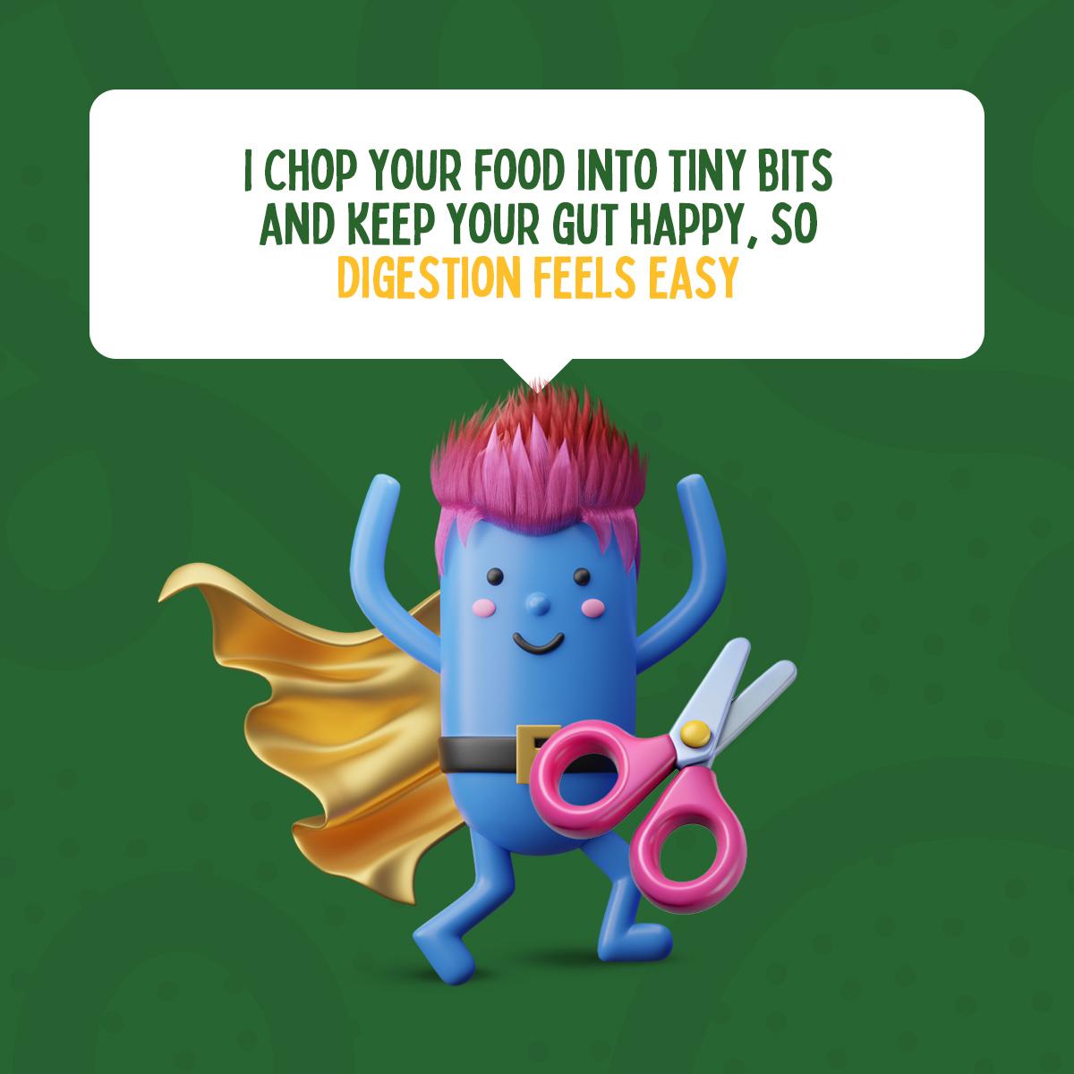 Funky Kraut with aired arms and a scissor says: I chop your food into tiny bits and keep your gut happy, so
digestion feels easy