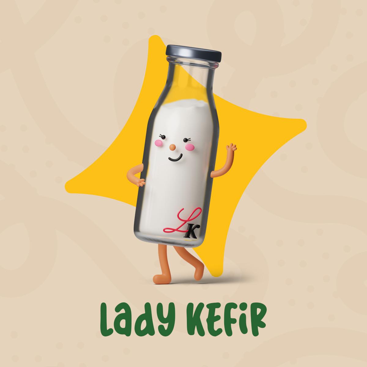 Eine Flasche Milch mit dem für die Kefirfermentation verantwortlichen Mikroorganismus winkt. Darunter der Name Lady Kefir.